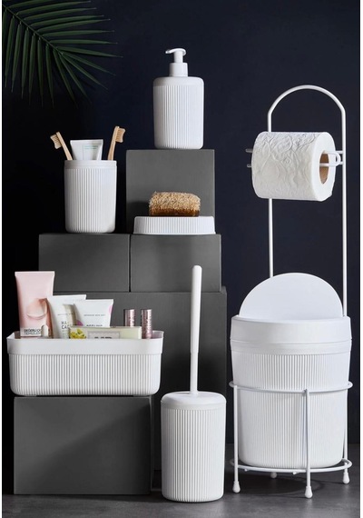 7 Parça Banyo Seti Çöp Kovalı Tuvalet Kağıtlığı Ve Fırçası - Kozmetik Kutusu - Diş Fırçalık - Katı Ve Sıvı Sabunluklar Beyaz