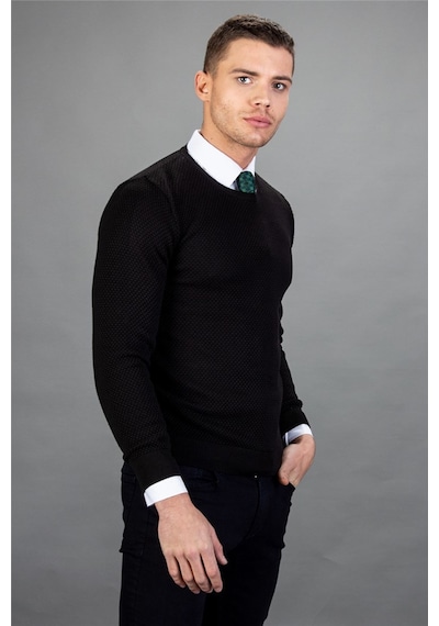 Tudors Slim Fit Dar Kesim Bisiklet Yaka Petek Desenli Erkek Kazak-1959 Siyah