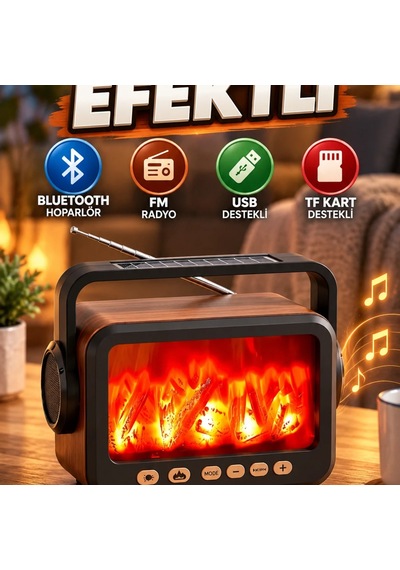 Dekoratif Alev Efektli Bluetooth Hoparlör Fm Radyo, Usb Ve Tf Kart Destekli