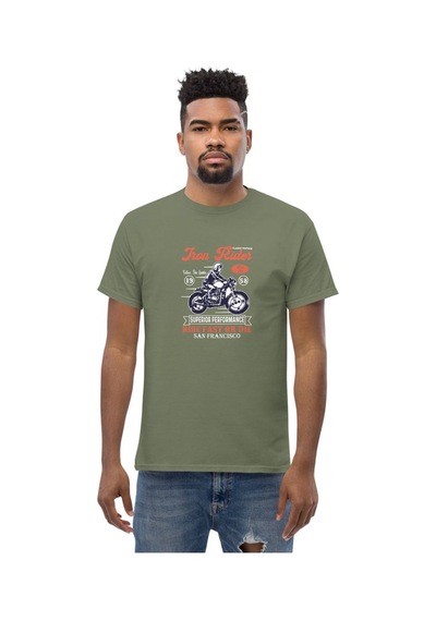 Wildstyle San Francisco Motosiklet Vintage Cafe Racer Motor Baskılı Unisex Bisiklet Yaka Pamuklu Tişört - Haki