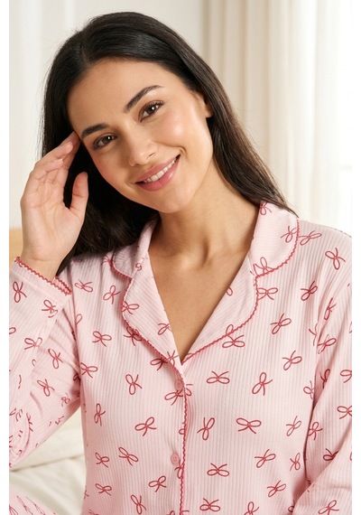 Mataş Kadın Pembe Çiçek Desenli Bambu Viskon Uzun Kollu Soft Örme Pijama Takımı