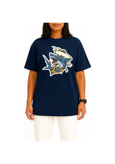 Bahriyeli Collection Oversize Köpekbalığı Ve Çapa Göğüs Ve Sırt Baskılı Unisex T-shirt Lacivert