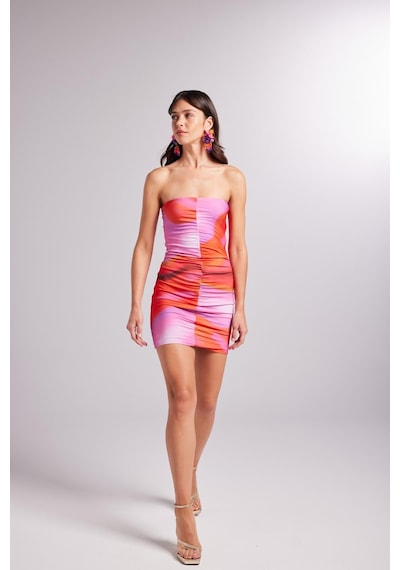 Holly Lolly Drapeli Mini Straplez Dainty Elbise Turuncu
