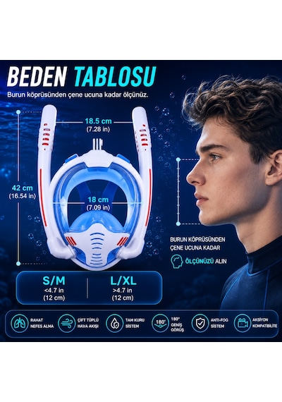 Hymark Çift Tüplü Şnorkel Maskesi S-m Beden Tam Kuru Dalış Yüzme Maskesi Full Face Dalış Gözlüğü Beyaz - Mavi