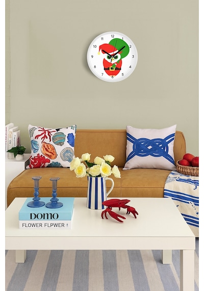 Kızgın Noel Baykuş Modern Tasarım Duvar Saati - 35cm - Önü Camlı Beyaz Kasa - Sessiz Mekanizma Beyaz