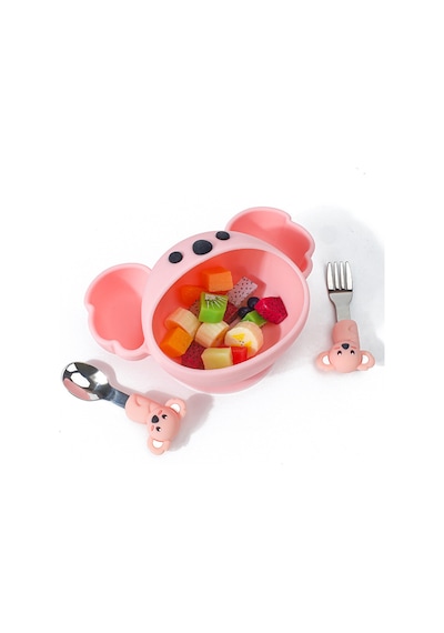 Figürlü Pembe Premium Çocuk Bpa Free Silikon Saplı Paslanmaz Çelik Uçlu Çatal-kaşık, 9+ Ay