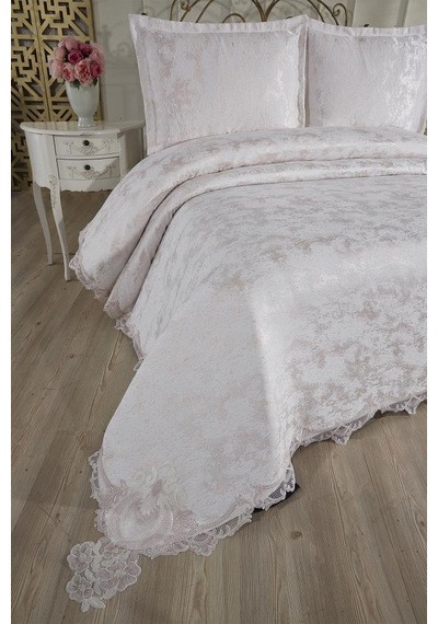Çeyiz Diyarı Fransız Dantelli Edge Çift Kişilik Yatak Örtüsü 230x250 Cm Krem