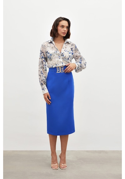 Sateen Aksesuar Detaylı Kalem Etek - Mavi-134845 Mavi