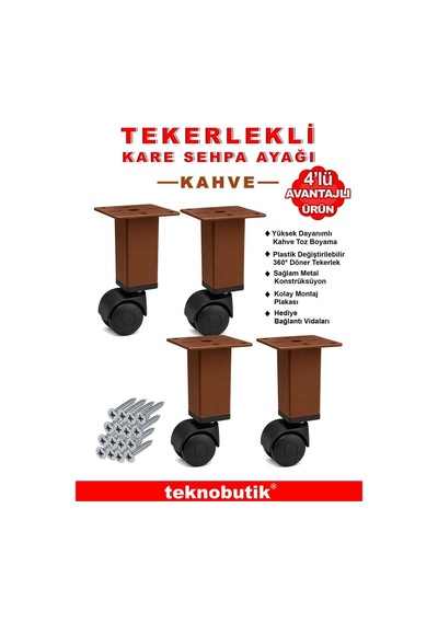 4 Adet 15cm Boy Kahve Kare Plastik Tekerlekli Mobilya Sehpa Ayağı Beyaz