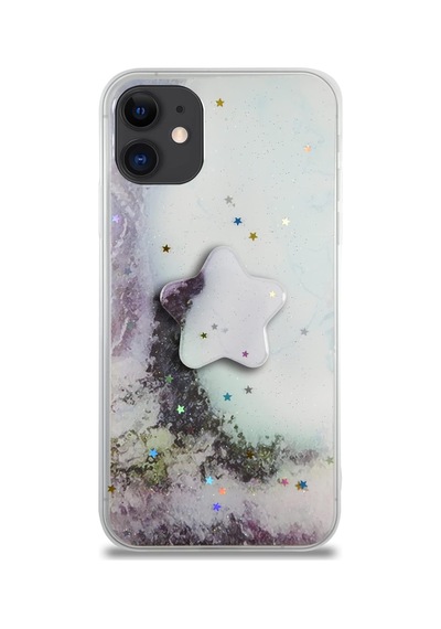Apple İphone 11 İle Uyumlu Kapak Mermer Desenli Pop Socketli Silikon Kılıf - Beyaz 50 x 22