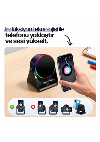Soundpad 5ın1 - 5w - 2000mah Temas İle Ses Yükseltme - Telefon Stand - Usb-c Şarj Siyah İndiksiyon Ses Yükseltici Bluetooth Hoparlör Speaker Ekd-s10 5250