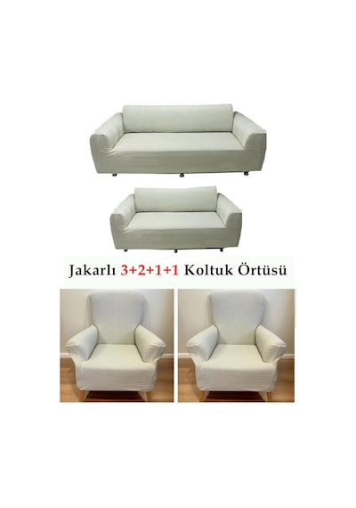 StarMall Jakarlı Çubuk, Düz Desen 3 2 1 1 Lastikli Koltuk, Kanepe, Çekyat Örtüsü, Kılıfı Esnekli Sütlü Krem