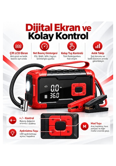 Taşınabilir Akü Takviye Cihazı Ve Dijital Hava Kompresör 1000a 8000 Mah 150 Psı Dijital Ekranlı Led Işıklı Lastik Şişirme