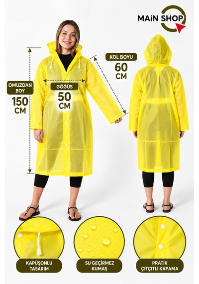 Mainshop Unisex Yağmurluk Kapüşonlu Çıtçıtlı Su Geçirmez Uzun Yağmurluk Kadın Erkek Sarı