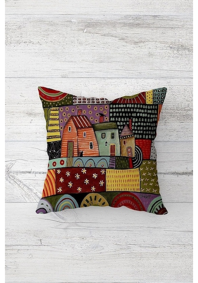 Pelangi Yaz Evi Desenli Patchwork Masa Değişik Ranır Modelleri Dekoratif 4'lü Kırlent Kılıfı Runner Seti, Kiremit 45 X 45 Çok Renkli