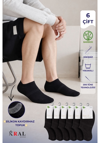 Kral Socks Erkek Snikers 6 Çift Bambu Dikişsiz Hassas Dokuma Terletmez Bambu Çorap Siyah