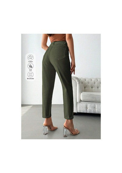 Kene Jeans Yüksek Bel Haki Keten Mom Pantolon Haki