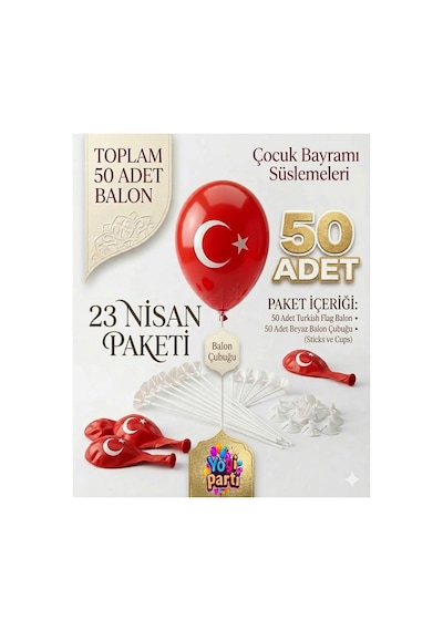 Türk Bayrak Baskılı Ay Yıldızlı Balon 50 Adet Balon Çubuğu 50 Adet 23 Nisan 29 Ekim Bayram Kırmızı Tüm Yaşlar
