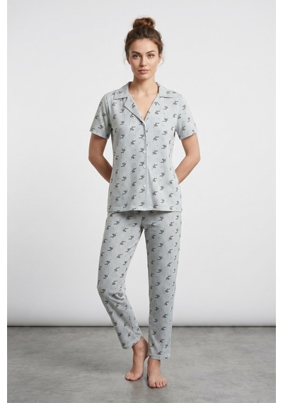 Fullamoda Yaprak Ve Çizgi Desenli Gömlek Yaka Düğmeli Pijama Takımı Mint