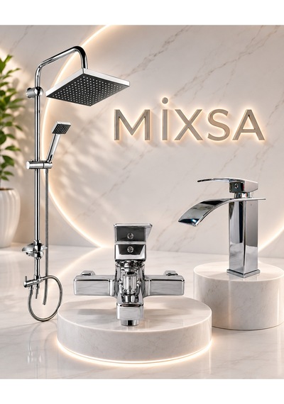 Lüx Krom Robot Duş Seti Kare Banyo Bataryası Premium Şelale Akışlı Lavabo Bataryası 3'lü Set