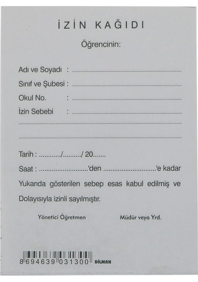 Öğrenci Izin Kağıdı 8 X12 Cm