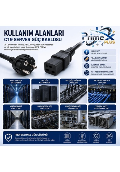 Primex Px-srv15 2 Metre 3x1.5mm C19 Ups Server Power Kablo, Full Bakır C19 Schuko Güç Kablosu, 16a 250v Sunucu Pdu Ups Veri Merkezi Güç Bağlantı Kablosu, Siyah Diger