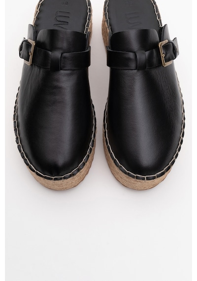 Luvishoes Novas Siyah Cilt Hakiki Deri Burnu Kapalı Hasır Dolgu Taban Terlik Siyah