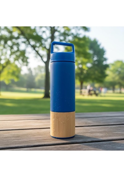 600 Ml Bambu Tabanlı Kulplu Çelik Termos Mug - 5 Renk Seçenekli Sıcak/soğuk Tutucu Seyahat Bardağı Mavi Çok Renkli