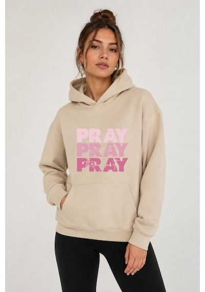 Herkesemoda Pray Baskılı Kapüşonlu 2 İplik Şardonlu Sweatshirt Bej