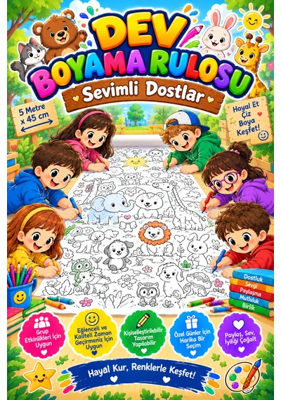 Sevimli Dostlar Hayvanlar Alemi Dev Boyama Kağıdı Boyama Rulosu Büyük Boy 5 Metre - 902139719