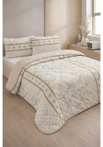 Formeya Kapitoneli Çift Kişilik Desenli Pike - Yatak Örtüsü Takımı 200x230 Cm - 2 Adet Yastık Kılıflı Bej