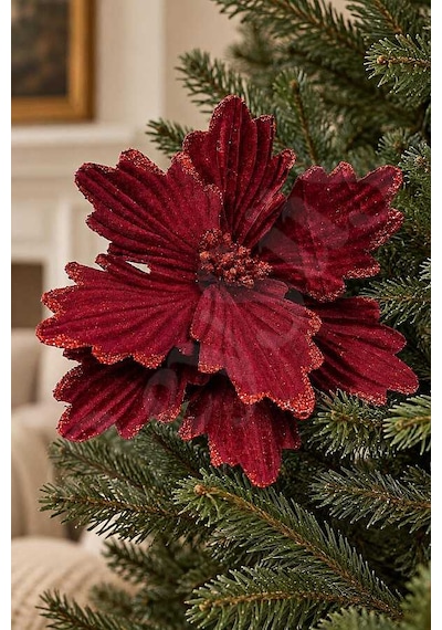 Yılbaşı Bordo Kadife Simli Ata Çiçek 18 Cm Kırmızı - Yeşil