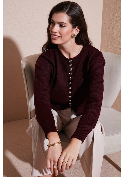 Lela Premium Comfort Fit Yuvarlak Yaka Crop Triko Bayan Hırka 680Hi00164 Bordo
