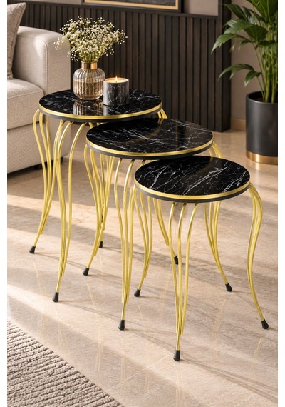Sulorahome Lükens Ayaklı Mermer Desenli Siyah 3'lü Zigon Sehpa Takımı Siyah Mermer Desenli