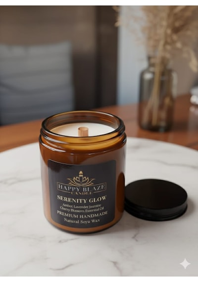 1. Serenity Glow Amber & Lavanta Kokulu El Yapımı Soya Mumu Happy Blaze Candle Amber