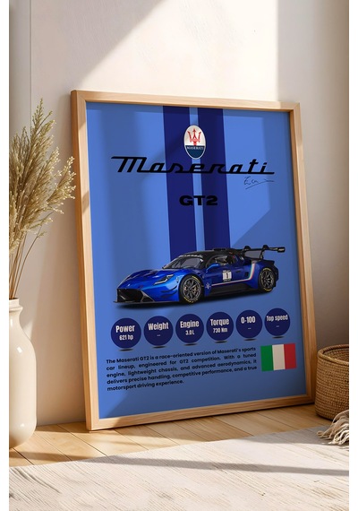 Maserati Gt2 Premium Mavi Yarış Arabası Tablosu - Teknik Özellikli İtalyan Otomobil Duvar Dekoru Kayın