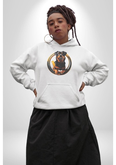 Süper Tasma Rottweiler Eğitim Kadın Erkek Beyaz Kapüşonlu Sweatshirt Hoodie Beyaz