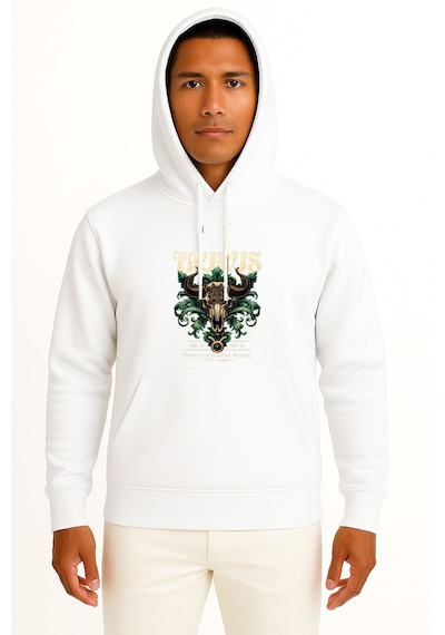 Bahriyeli Collection Kapüşonlu Boğa Burcu Zodiac Taurus Göğüs Baskılı Unisex Sweatshirt Beyaz
