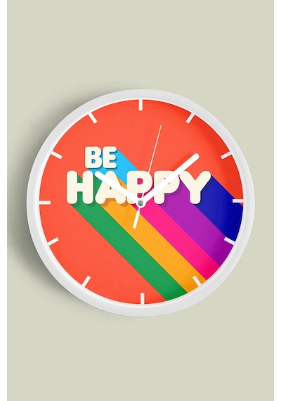 Modern Yazılı Tasarım - Be Happy Duvar Saati - 30cm - Önü Camlı Beyaz Kasa - Sessiz Mekanizma Beyaz