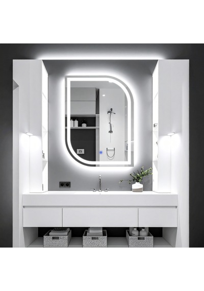 Curva Beyaz Led'li Kumlamalı Lavabo & Banyo Aynası Dokunmatik Sensörlü 65 X 90 Cm