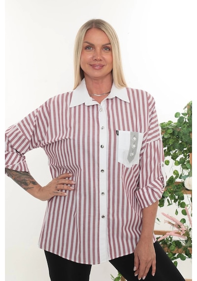 Lady Majestic %100 Cotton Rahat Kalıp Çizgili Büyük Beden Kadın Uzun Kollu Gömlek Bordo