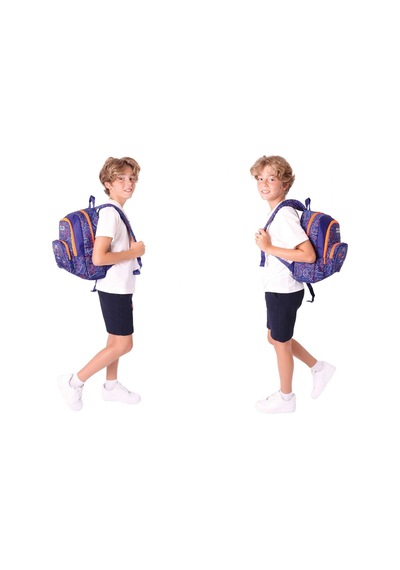 Kaukko Kids Erkek Çocuk Oyun Desenli Üçlü Okul Çanta Seti Okul Çantası+beslenme Çantası+kalemlik Lacivert - Turuncu