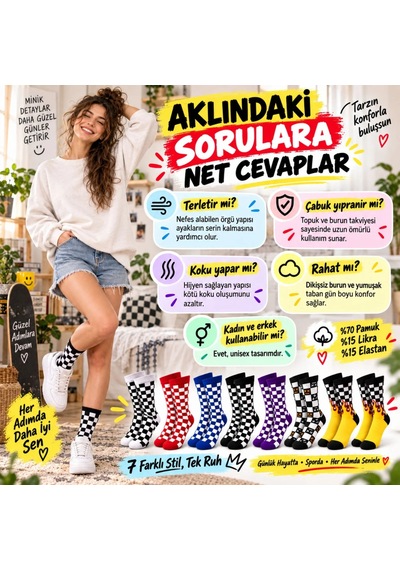 S'82 Unisex Çorap Dama Desenli Renkli 7'li Set Kareli Alev Desen Uzun Soket Günlük Spor Çorabı Çok Renkli
