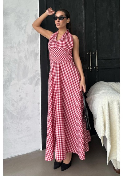 Madmext Kırmızı Ekoseli Midi Boy Kadın Elbise Mg2350 Kırmızı