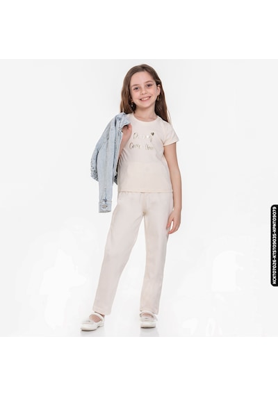 XO Kids Kız Beli Büzgülü Pantolon 4-8 Yaş 54713 Kpnt09079 Krem 001