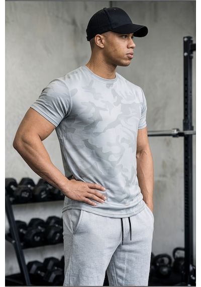 Serablanka Erkek Nem Emici Hızlı Kuruma Atletik Teknik Kamuflaj Desenli Spor T-shirt Gri