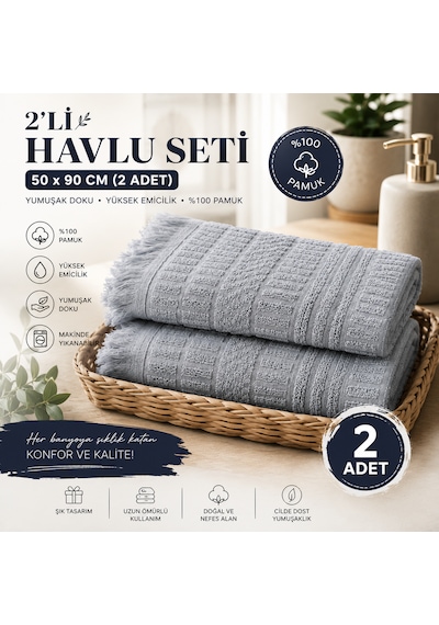 2'li Yüz Havlusu Seti 50x90 Cm Pamuklu El Havlusu Püsküllü Yumuşak Dokulu Yüksek Emici Günlük Kullanım Gri
