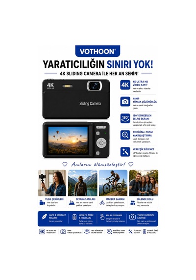 Dijital Kamera 4k Hd 48mp 8x Zoom Flaşlı Kayar Retro Video Kamera 2.4 Ekran 64gb Sd Kart Hediyeli Siyah