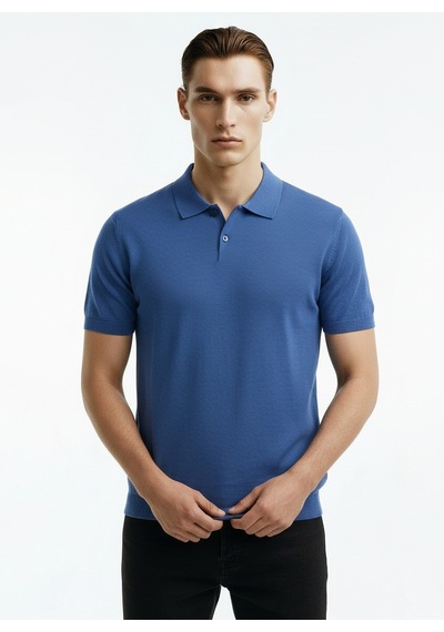 Alpha Studio Mavi Erkek Slim Fit Kazak Au-1041bs Cold Dye Polo Indigo