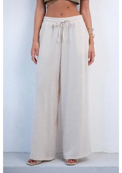Defymoda Aksesuar Detay Keten Pantolon Bej
